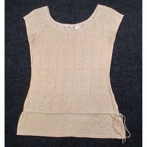 STUDIO Y Shimmer Knit Sleeveless Top Scoop Neck Side Tie Pointelle Beige SZ M